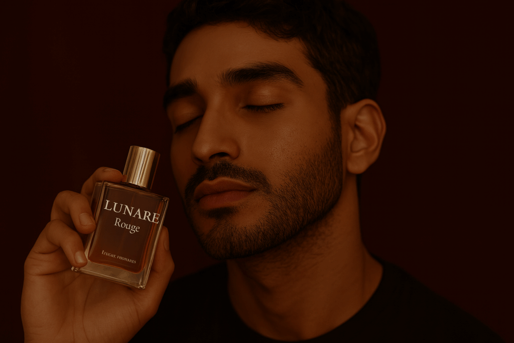 man smelling the perfume. perfumes for him. lunare.