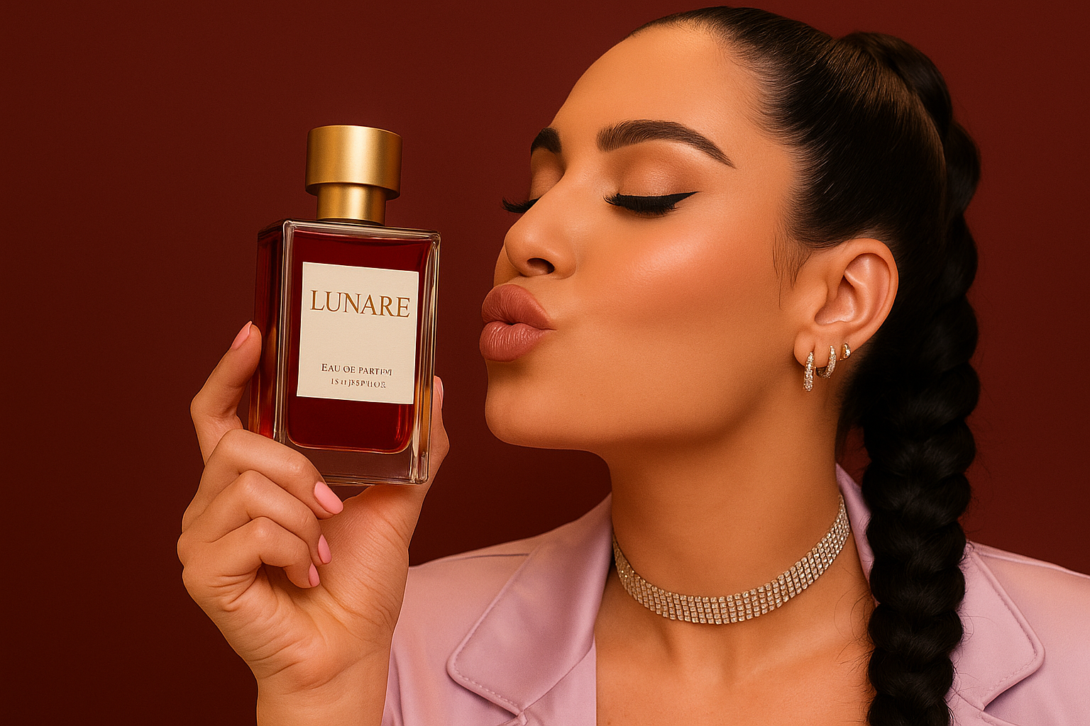 perfumes for her. woman kissing the perfume bottle. lunare